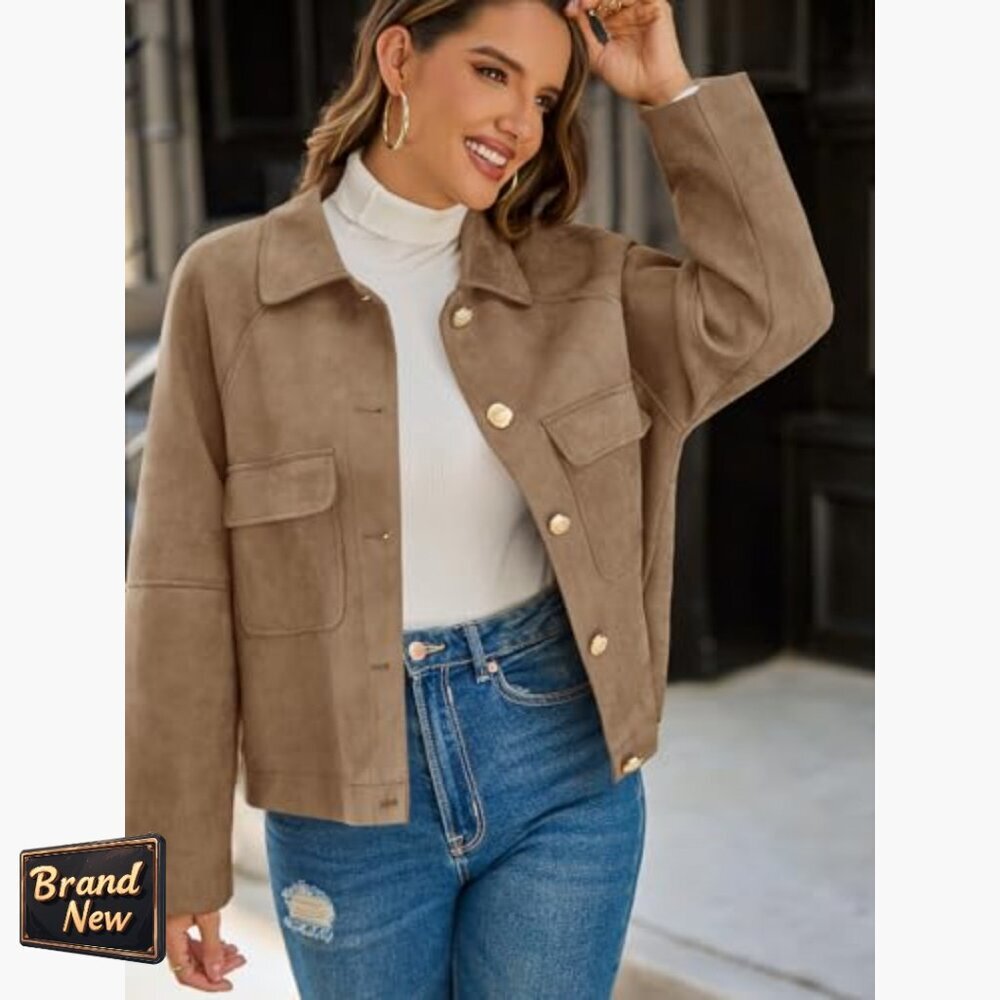 Oversized Cropped Faux Suede Leather Jacket Lapel Collar Button Down - Picture 2 of 7